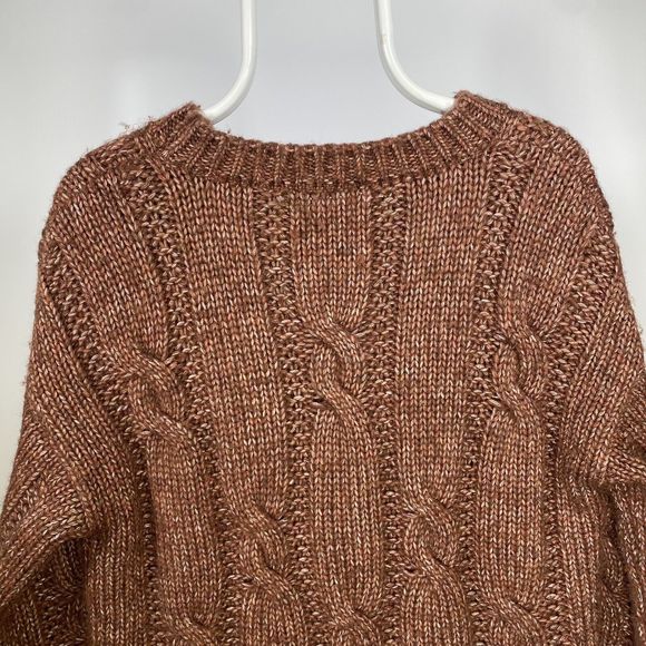 Celtic & Co Cable Knit Crewneck Jumper Chunky Aran 100% Merino Wool Brown Medium - Picture 8 of 12